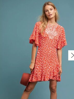 Nwt Ranna Gill Red Floral Ruffle Sleeve Dress sz S #V1